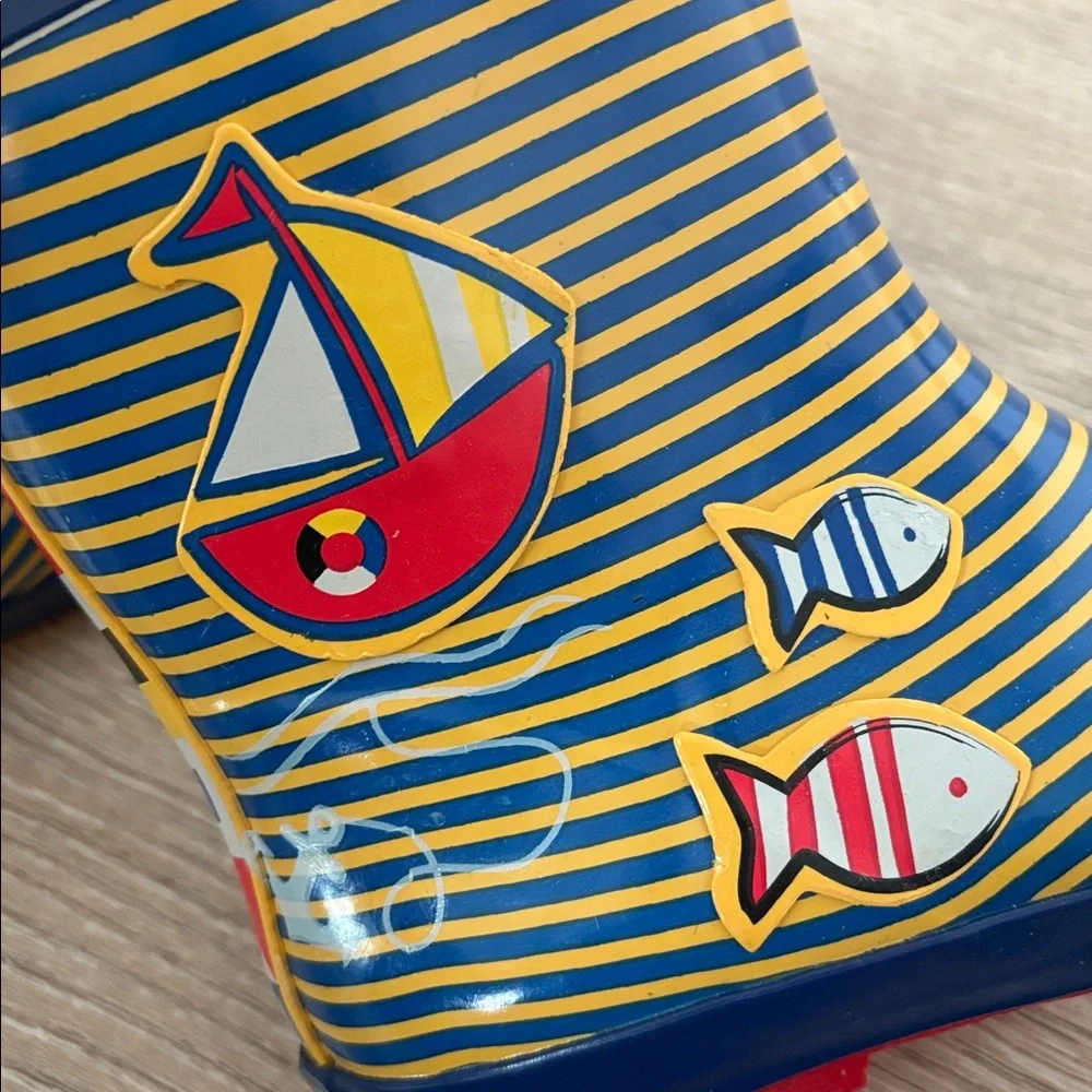 Kamik Rain Boots kids Size 2 Blue Yellow Nautical‎ Sailboat NWOT